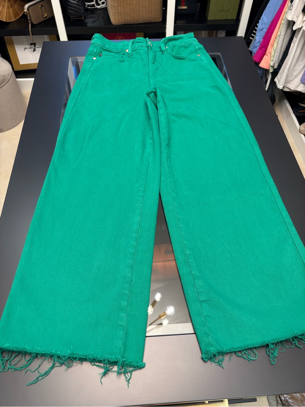 Judy Blue High Rise Garment Dyed Cropped Flare Jeans in Kelly Green - Picture 4 of 14